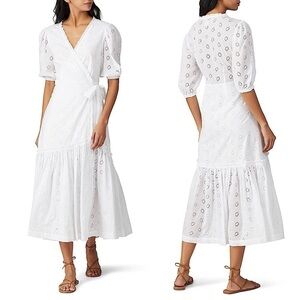 REBECCA TAYLOR Floral Eyelet‎ Puff Short Sleeve Ruffle Hem Midi Wrap Tie Dress S